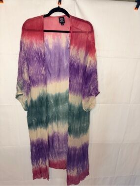 bobeau Pink Purple Green Tie-Dye Duster Kimono